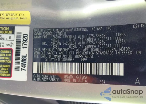 2013 Toyota Sequoia Sr5 5.7L V8 из США, поврежденный, VIN 5TDZY5G1XDS046983